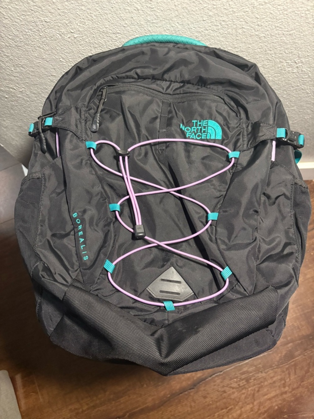 The North Face Black Backpack with Teal Logo and Lavender Bungee